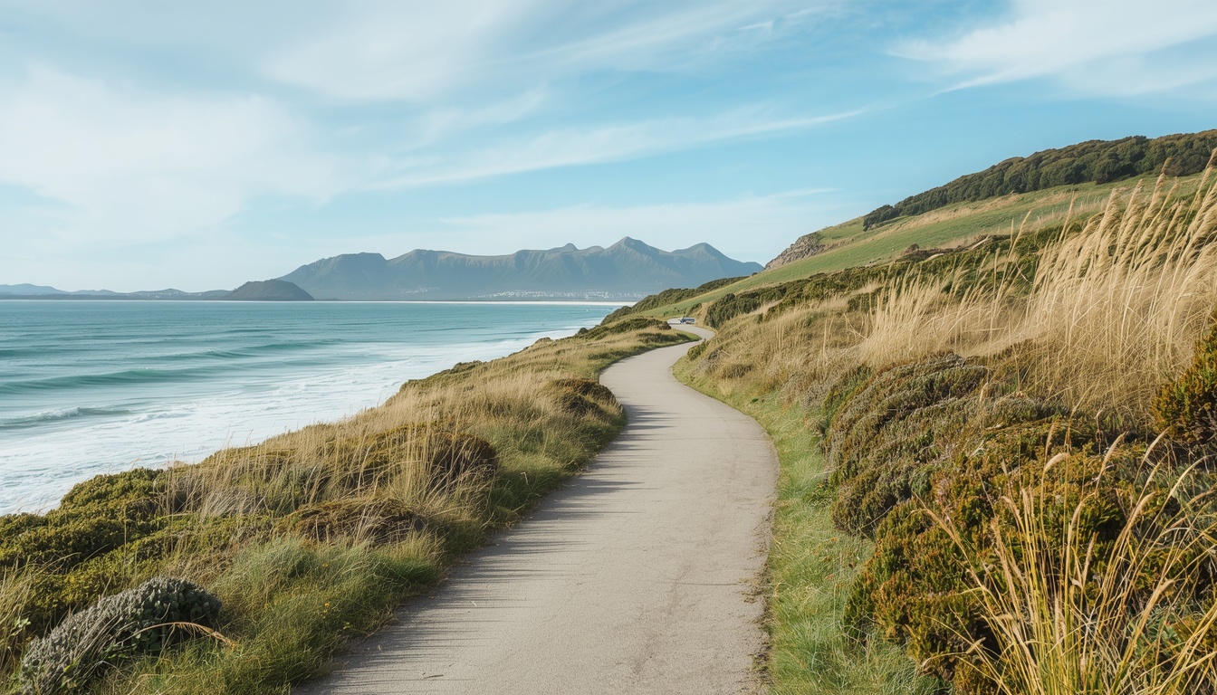 Elegancellaction coastal walking path along New Zealand shoreline